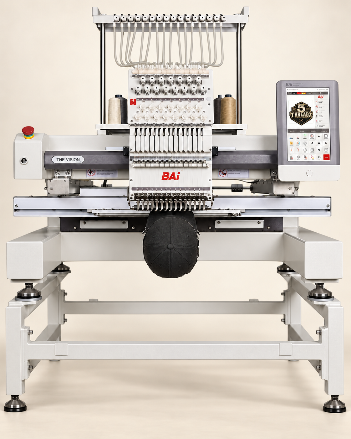 Styled mockup of a BAI embroidery machine with a plain charcoal cap and the 5threadz logo on its screen